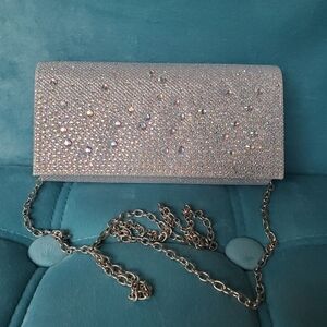 Jessica McClintock Champagne Silver Sparkle Clutch with Chain